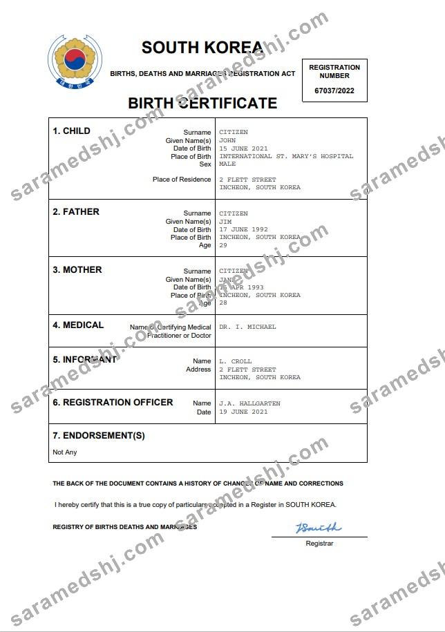 South Korea birth certificate Word and PDF template